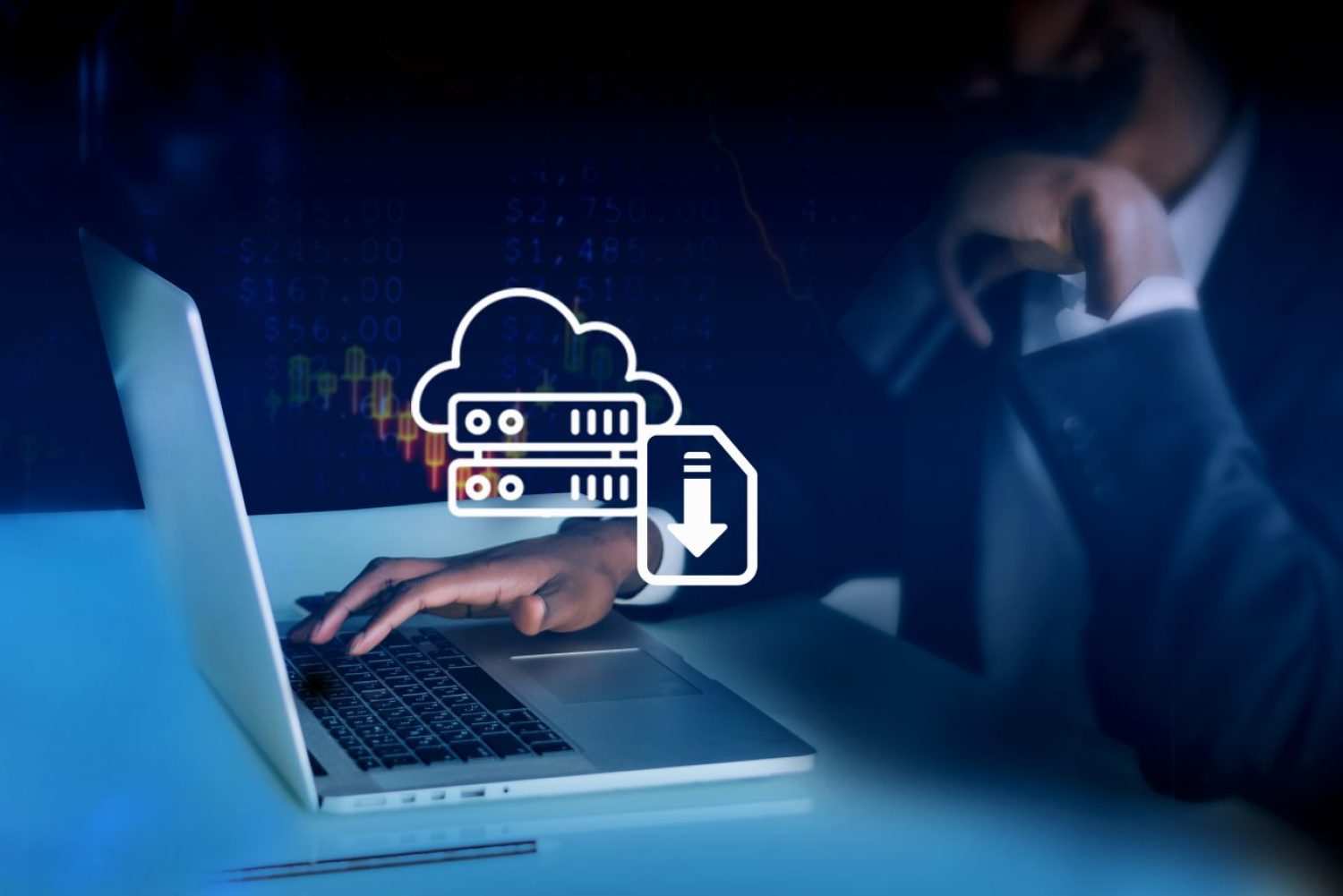 man downloading computer files or installing softwarecloud storage technology, data backup, cyber securit